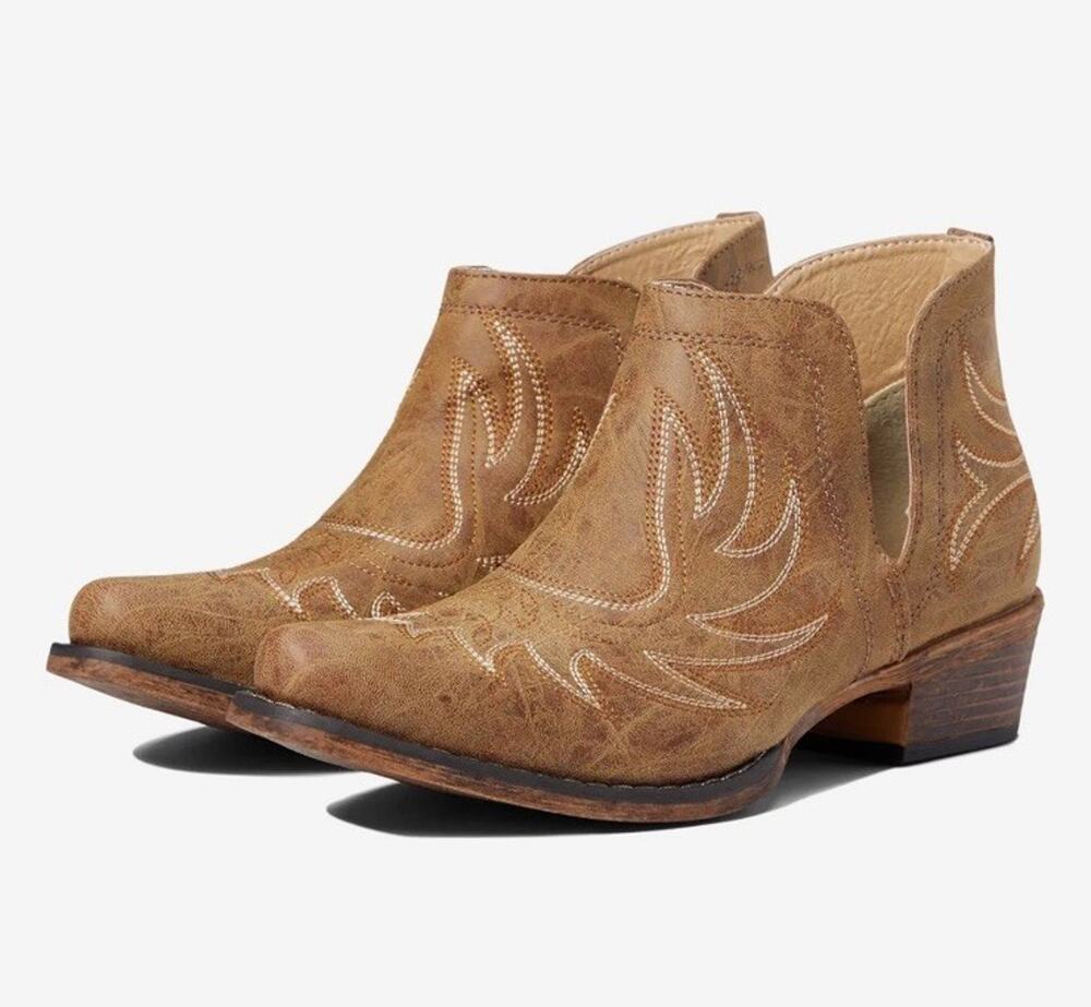 ROPER Western Ankle Boots W 7.5 Tan Leather Rowdy Embroidered Cowboy Cowgirl NWT